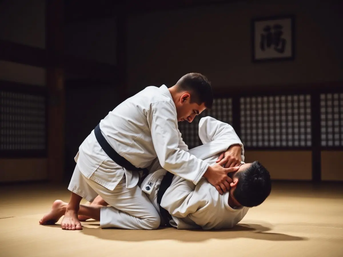 Practicante ejecutando técnica de Jiu Jitsu tradicional japonés